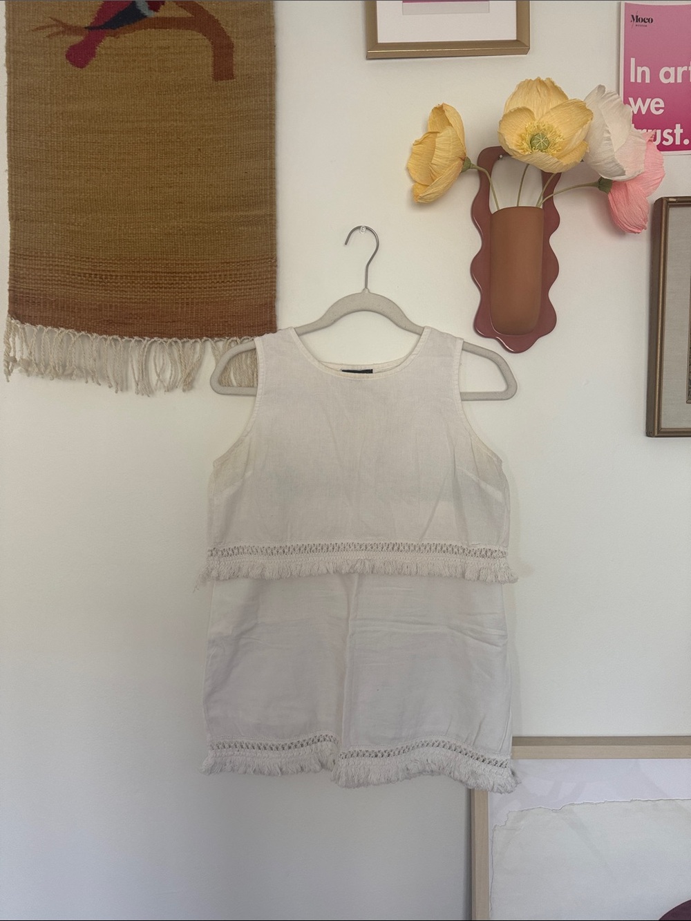 Women's White Fringe Trim Sleeveless Tank Top and Matching Skirt